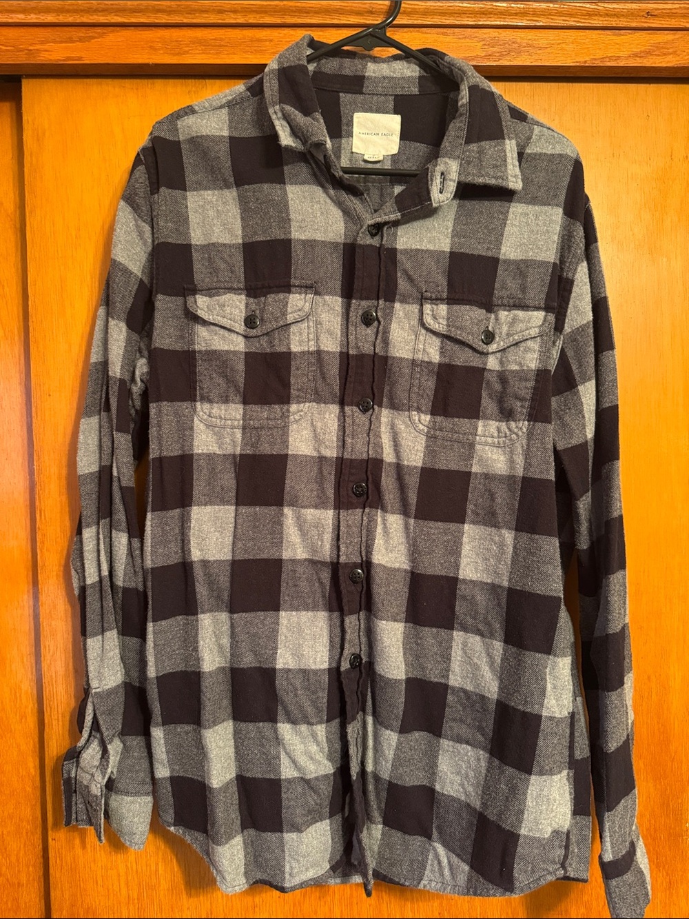 American Eagle Outfitters Black and Gray Plaid Button-Up Shirt
